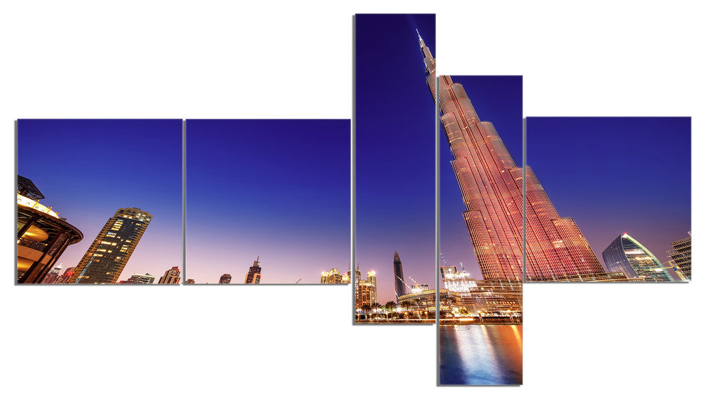 Burj Khalifa Night Landscape, Cityscape Canvas Art Print, 60"x32", 5 panels