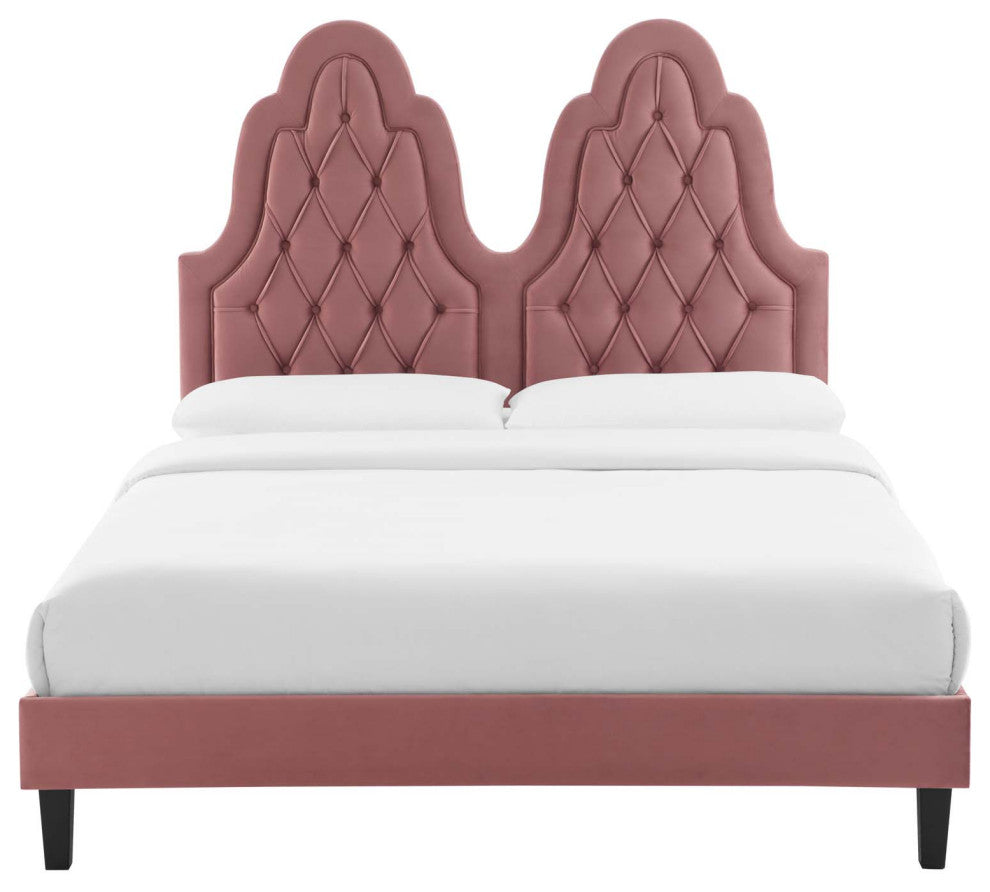 Tufted Platform Bed Frame, Queen Size, Velvet, Pink, Modern Contemporary