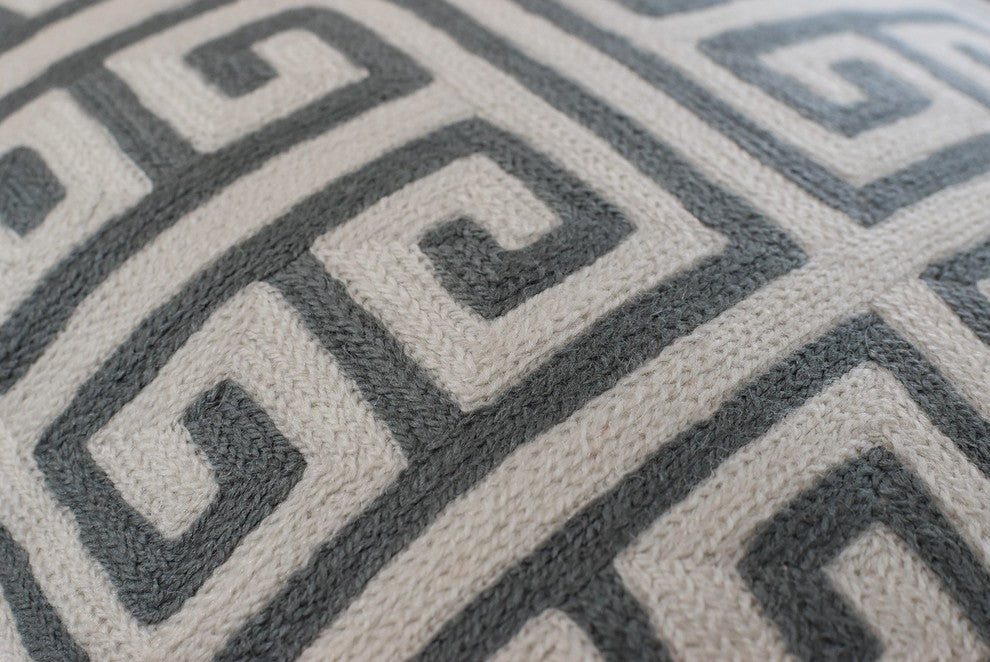 Greek Key Geometric Ivory Gray Accent Pillow Cover Handembroidered Wool 20x20"