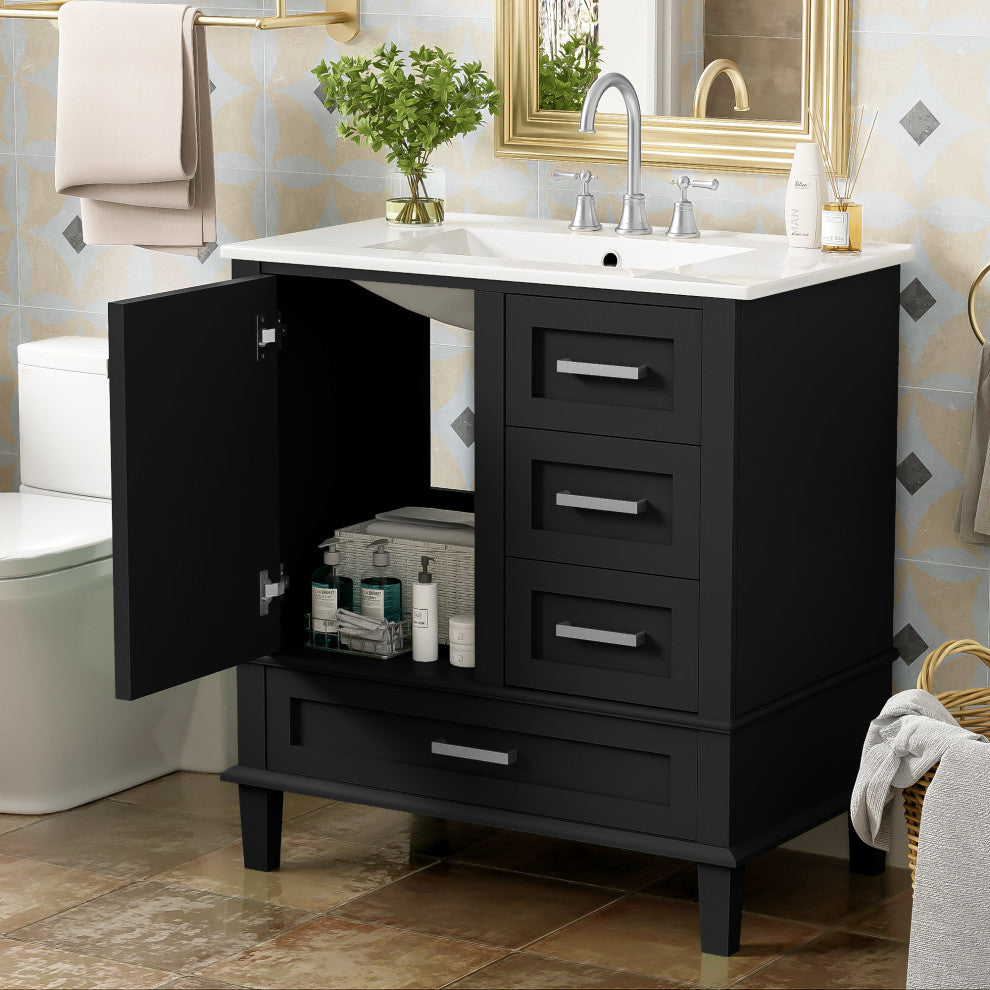 30" Freestanding Bath Vanity Set, Integrated Ceramic Sink, Black, 30 Inches