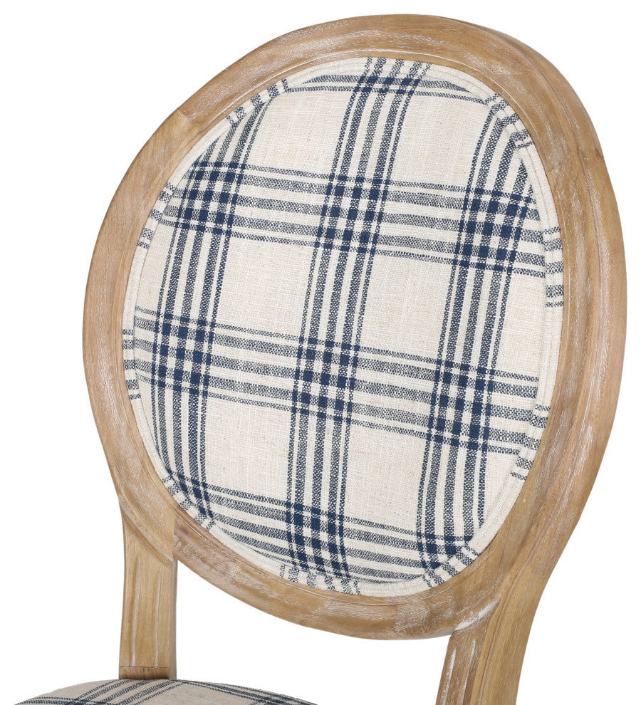 Lariya French Country Fabric Dining Chairs (Set of 2), Dark Blue Plaid + Natural, Two (2) Dining Chairs