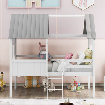 Gewnee Twin Size Low Loft  Bed House Bed with Roof and Window in Gray