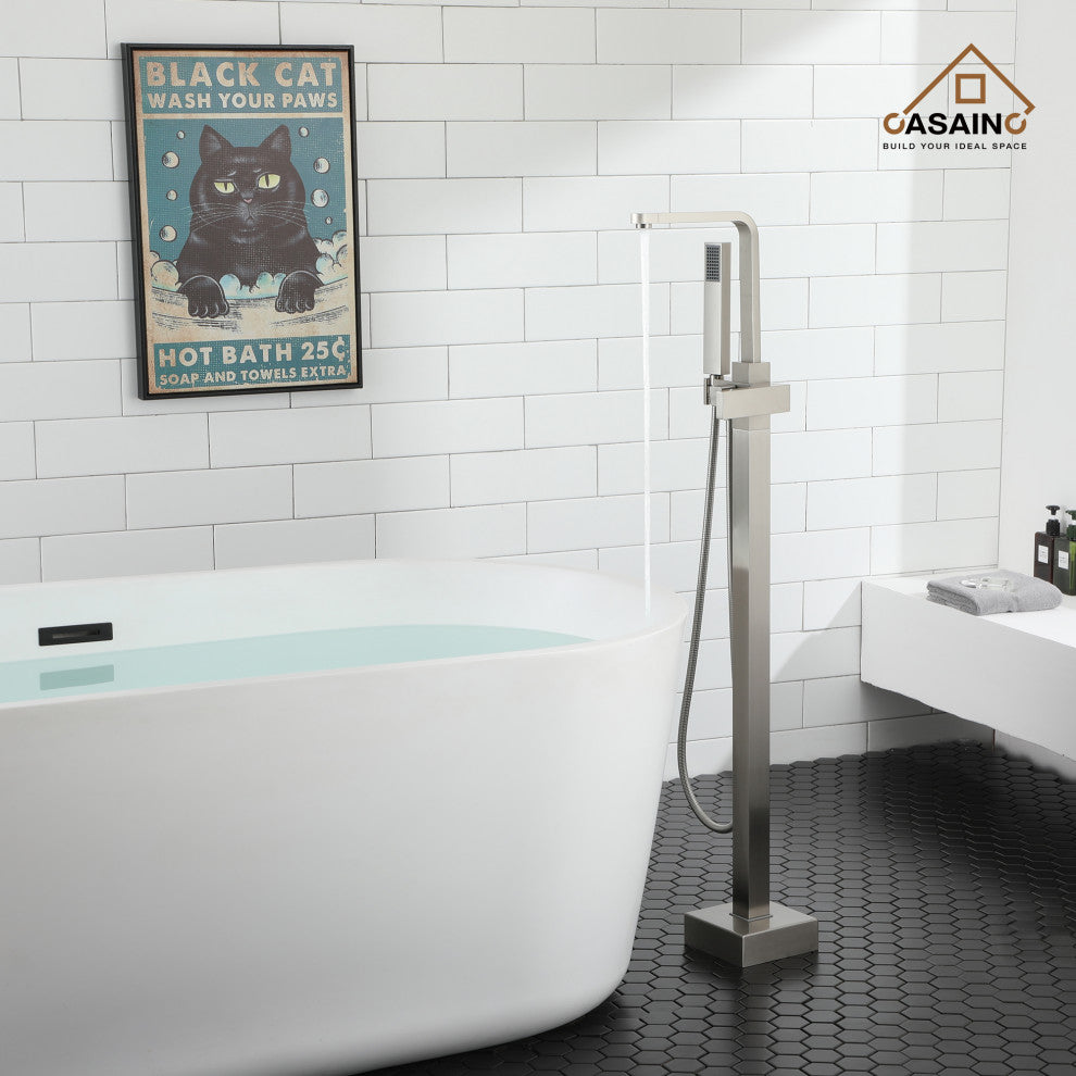 Floor Mount Tub Filler with Handheld Shower Head, Brushed Nickel