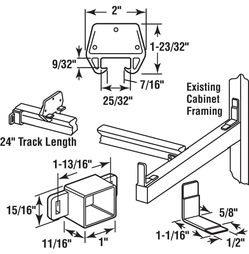 Wood Drawer Track Repair Kit, 24", Wood/Plastic/Steel Components, 1-set