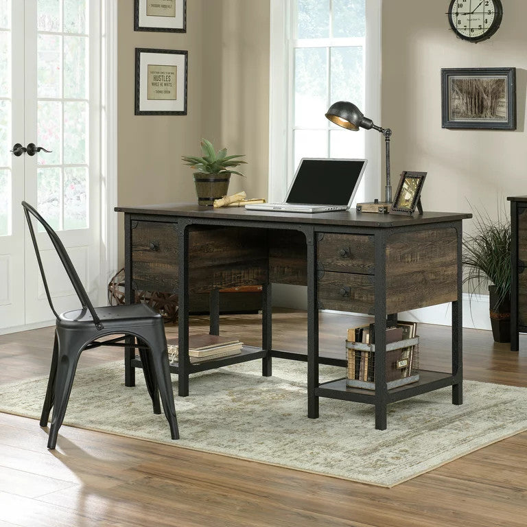Industrial Desk, Double Pedestal Design With Drawers & Open Shelves, Carbon Oak