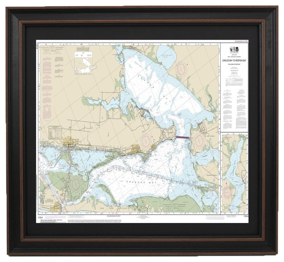 Nautical Chart, Carlos Bay to Redfish Bay, Poster Framed