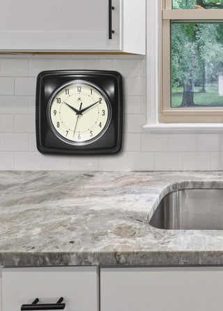 Square Retro Wall Clock, 9.25", Black