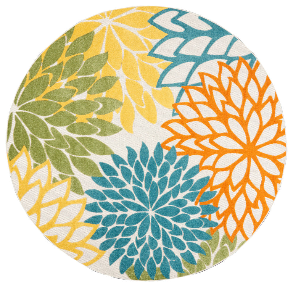 Nourison Aloha 7'10" x Round Turquoise Multicolor Tropical Rug