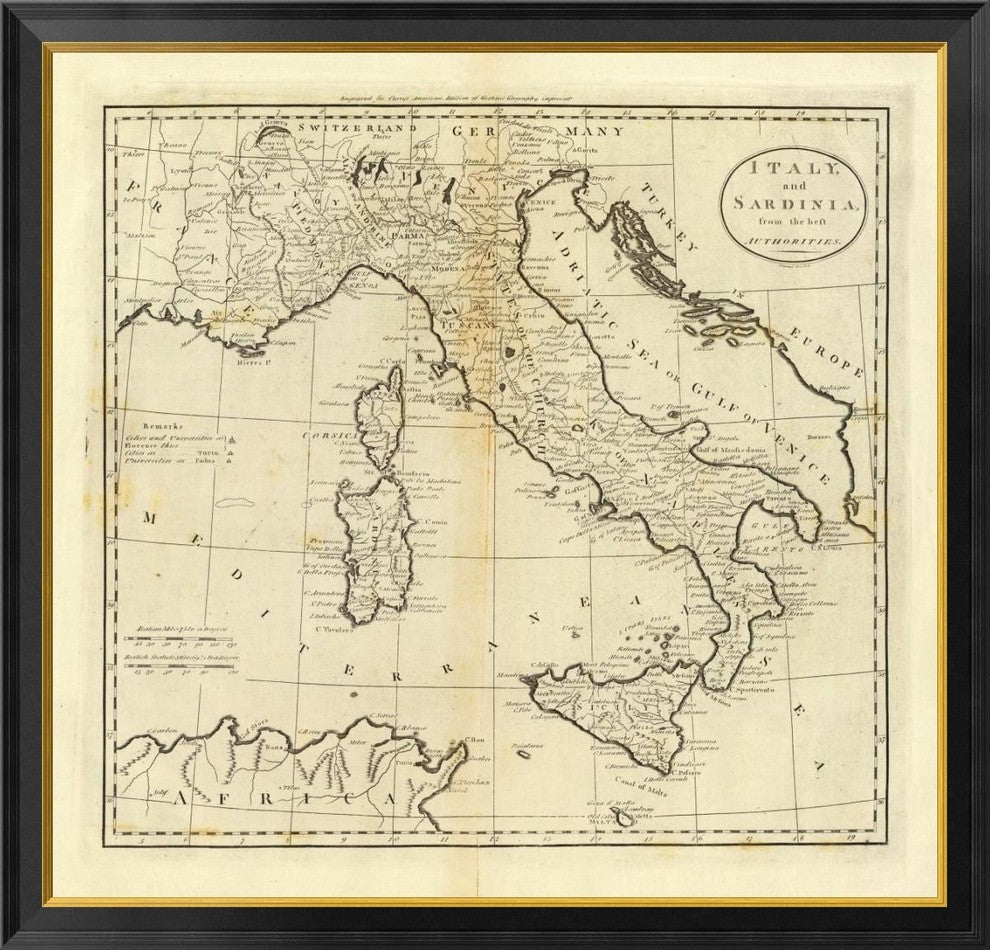 "Italy and Sardinia, 1796" Framed Canvas Giclee by Mathew Carey, 40x39"