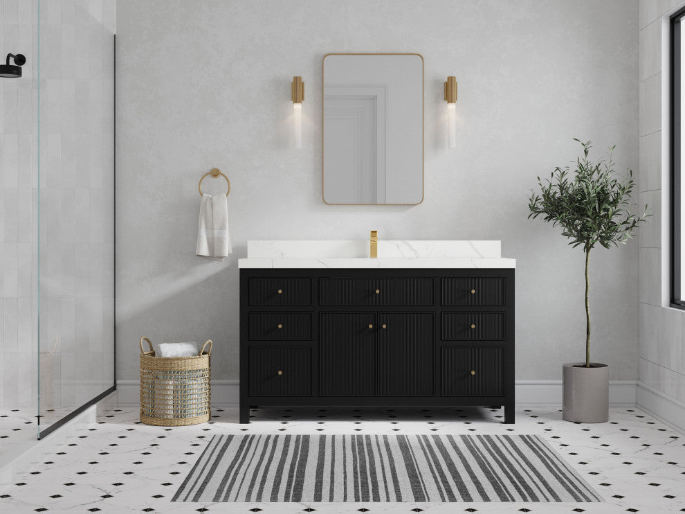 Sonoma 60 Single Sink Reeded Bathroom Vanity in Black 2" Calacatta Laza