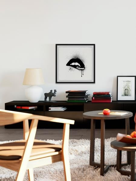 "Black Drip Lips" Framed Painting Print, 12"x12"