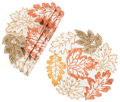 Autumn Leaves Embroidered Cutwork 16-Inch Round Placemats, Set of 4, White