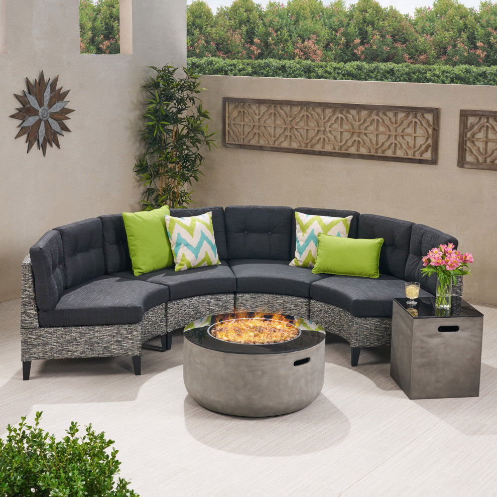 Erin Outdoor Round 4 Seater Wicker Sectional Set With Fire Pit