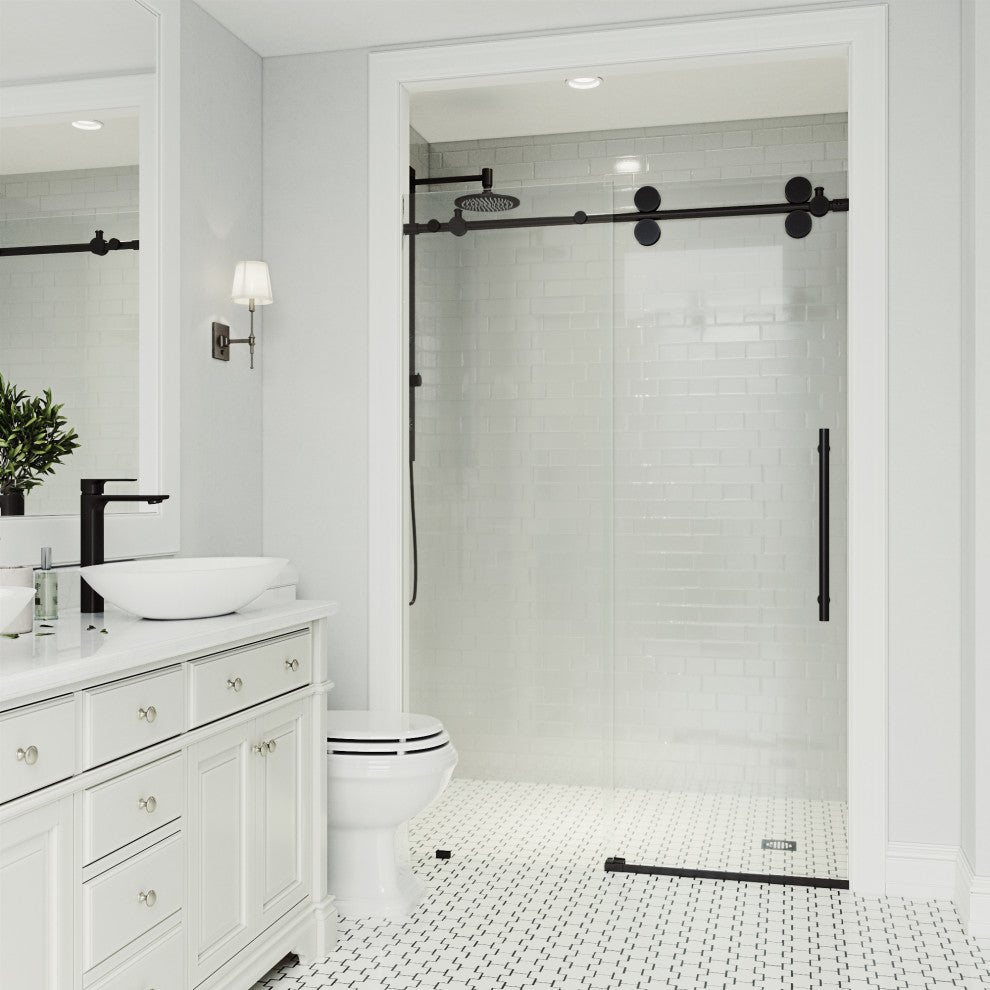 VIGO Elan 56" to 60" W x 74" H Frameless Sliding Shower Door, Matte Black, Clear Glass