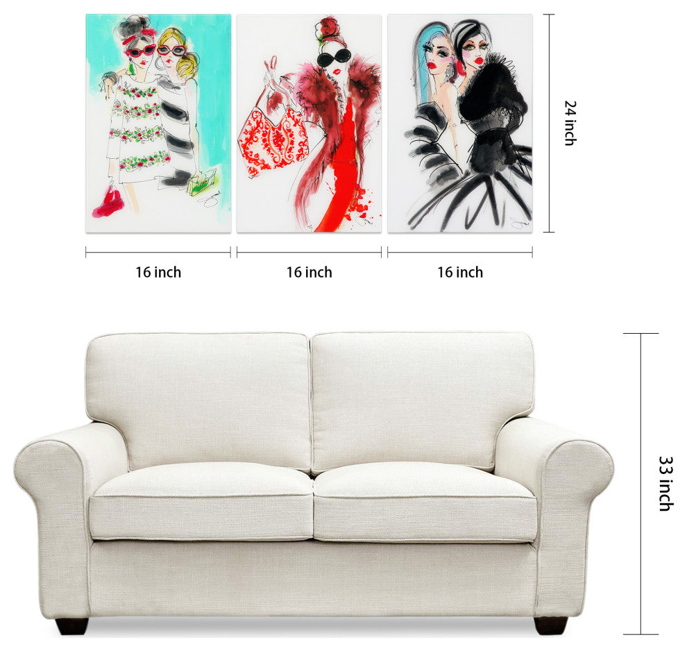 "Fashion Show - Set of 3" Frameless Free Floating Tempered Art Glass