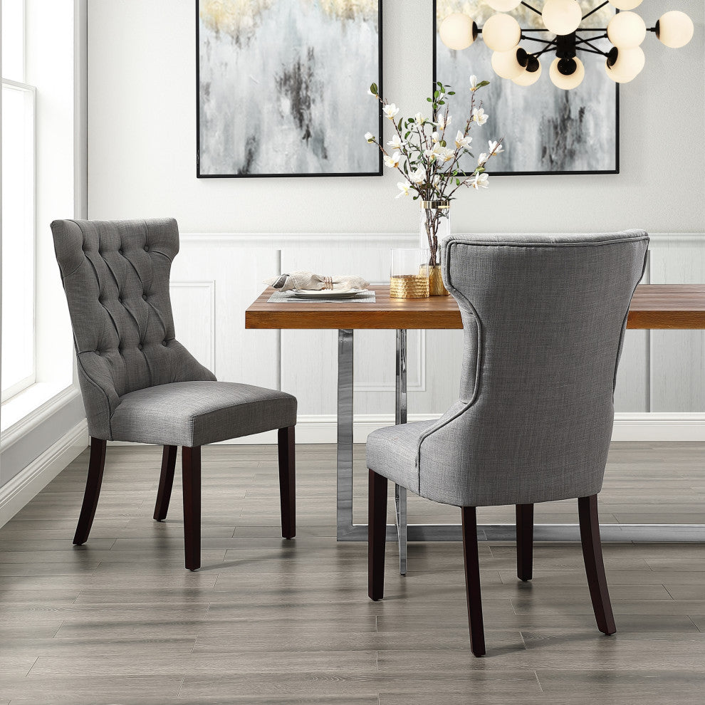 Natalia Wingback Button Tufted Dining Chair, Set of 2, Light Gray Linen