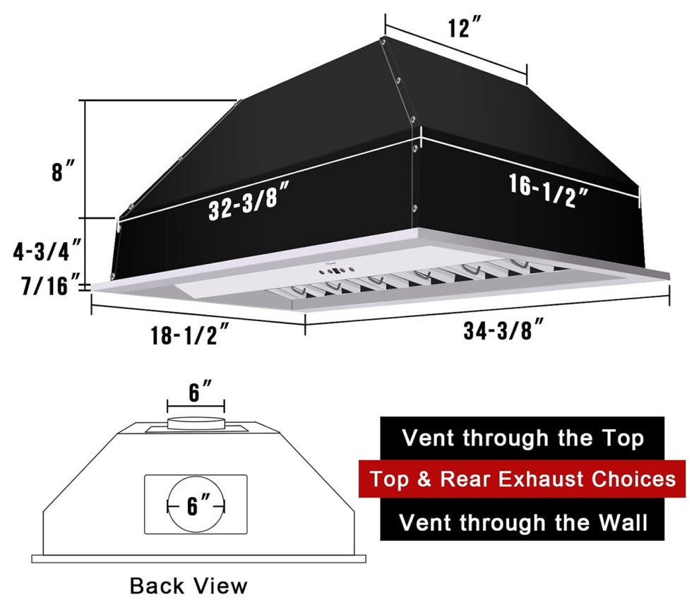 36" Insert/Built-in Stainless Steel Range Hood, Dimmable, 3-Speeds 600CFM, Cool White Light, Satin White