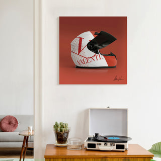 "Valentino Speeding Helmet" Frameless Floating Tempered Glass Panel Wall Art