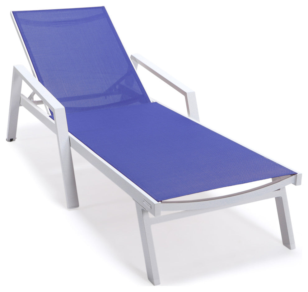 LeisureMod Marlin Chaise Lounge Set With Arms and Fire Pit Table, Navy Blue