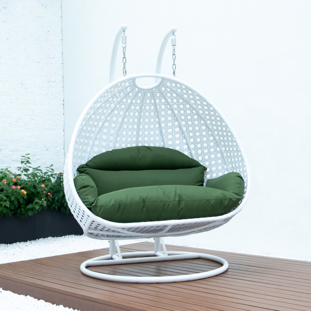 2 Person White Wicker Double Hanging Egg Swing Chair, Dark Green