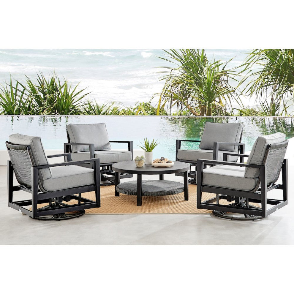 Cayman Black Aluminum Outdoor Round Conversation Table with Wicker Shelf