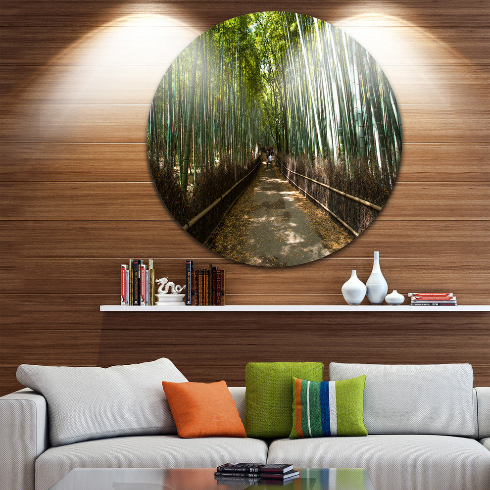 Wide Pathway In Bamboo Forest, Forest Disc Metal Artwork, 36"