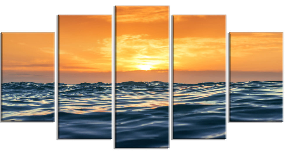 "Blue Waves Dancing At Yellow Sunset" Beach Canvas Wall Art, 5 Panels, 60"x32"