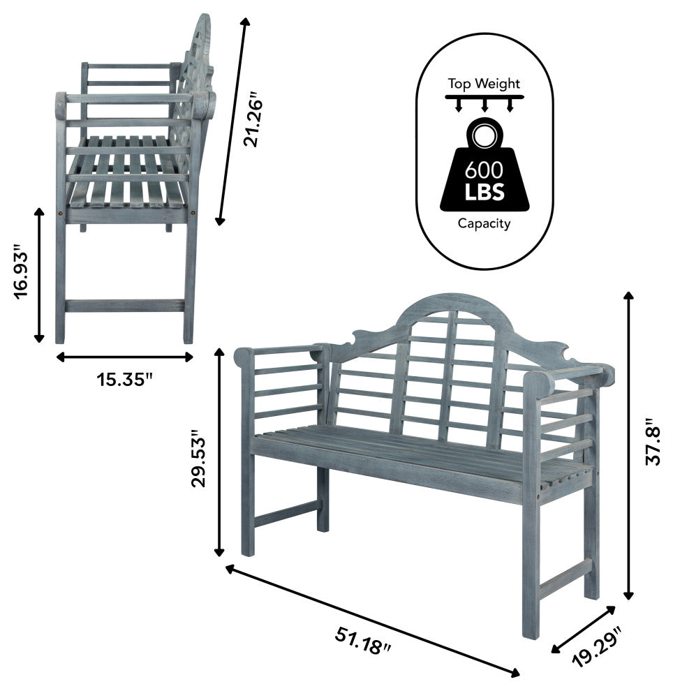Lutyens 51.2" 3-Seat Arched Acacia Wood Outdoor Garden Patio Bench, Gray