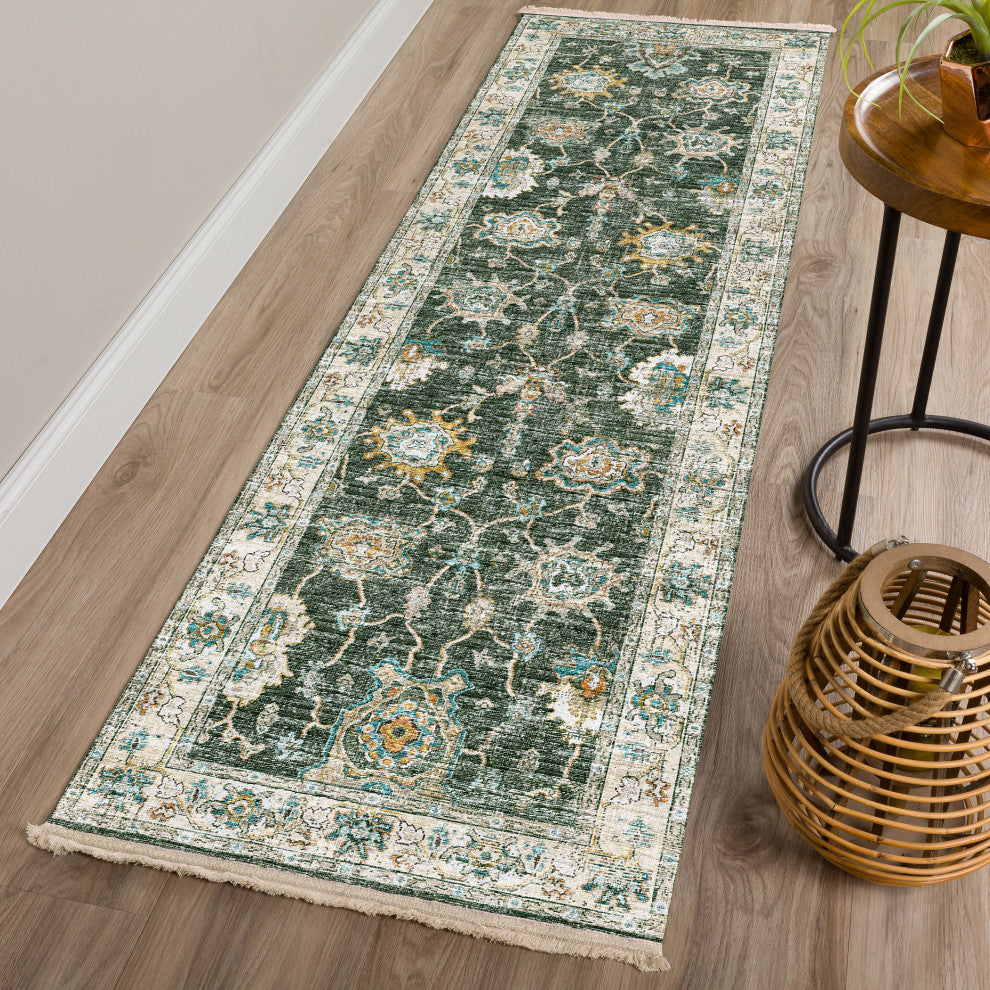 Indoor/Outdoor Marbella MB6 Olive Machine Washable 2'3" x 7'6" Runner Rug