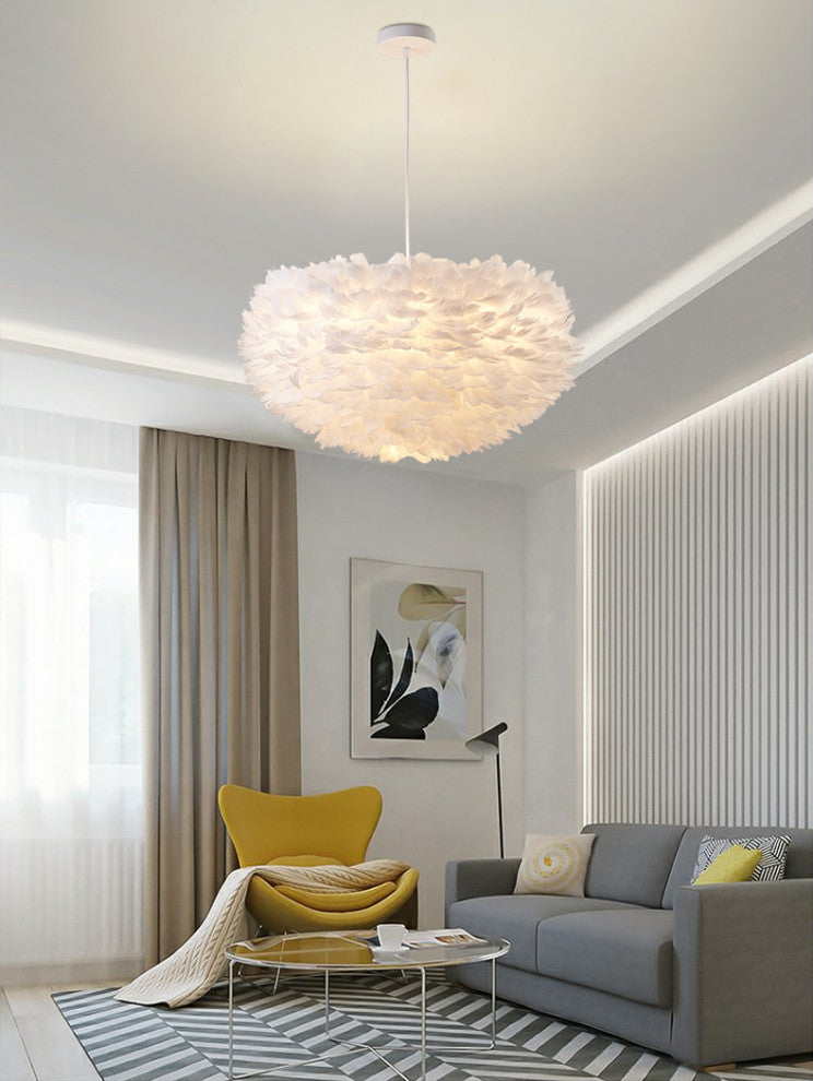 White Iron Ceiling Fixture With Grey Goose Feather, White
