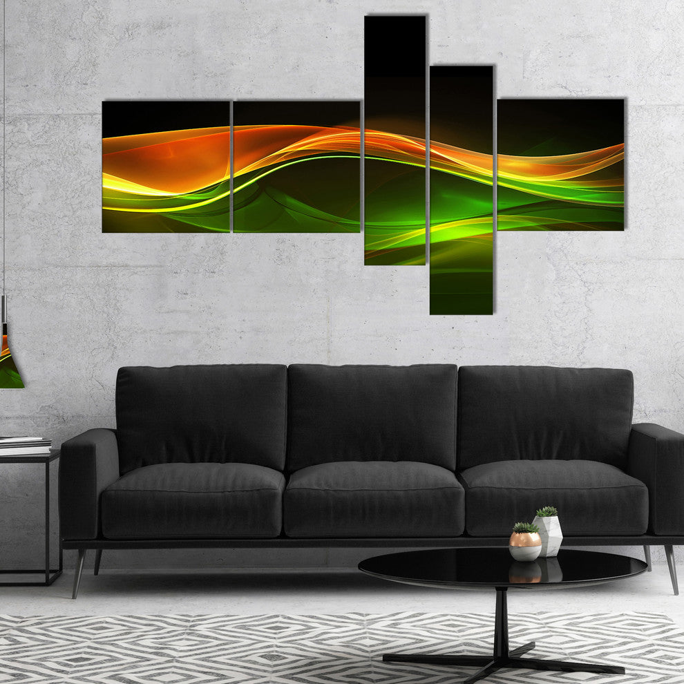 Abstract Green Yellow in Black, Abstract Canvas art print, 60"x32", 5 panels