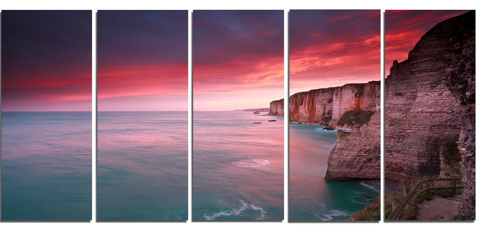 Dramatic Sunrise over Sea and Cliffs, Beach Photo Canvas Art, 60"x28", 5 Panels