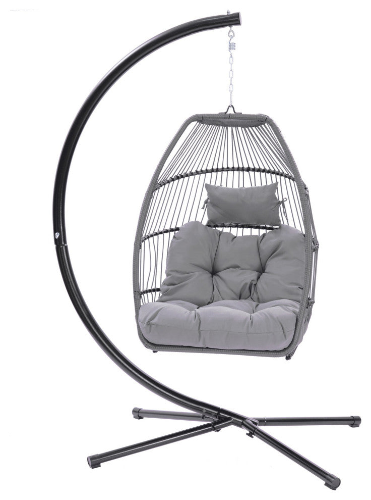 Outdoor Patio Wicker Folding Swing Chair Hanging With Bracket and Cushion Pillow