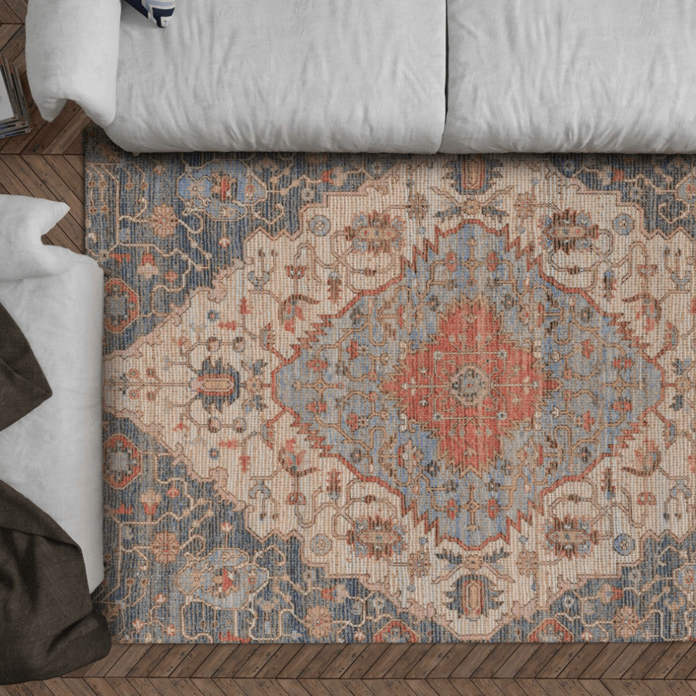 5' X 7' Blue and Beige Medallion Hand Woven Distressed Area Rug