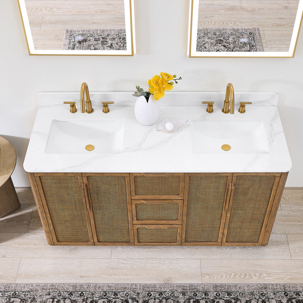 Busan Bath Vanity, Quartz Top No Mirror, Oak Classic Brown, 60", Double Vanity