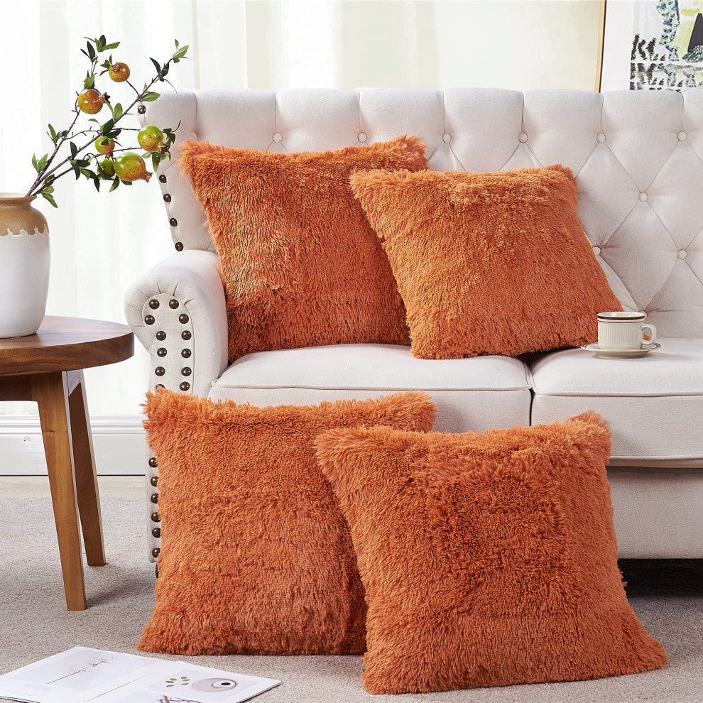 Shaggy Faux Fur Pillow Cover, Burnt Orange, Set of 4, 20"x20"