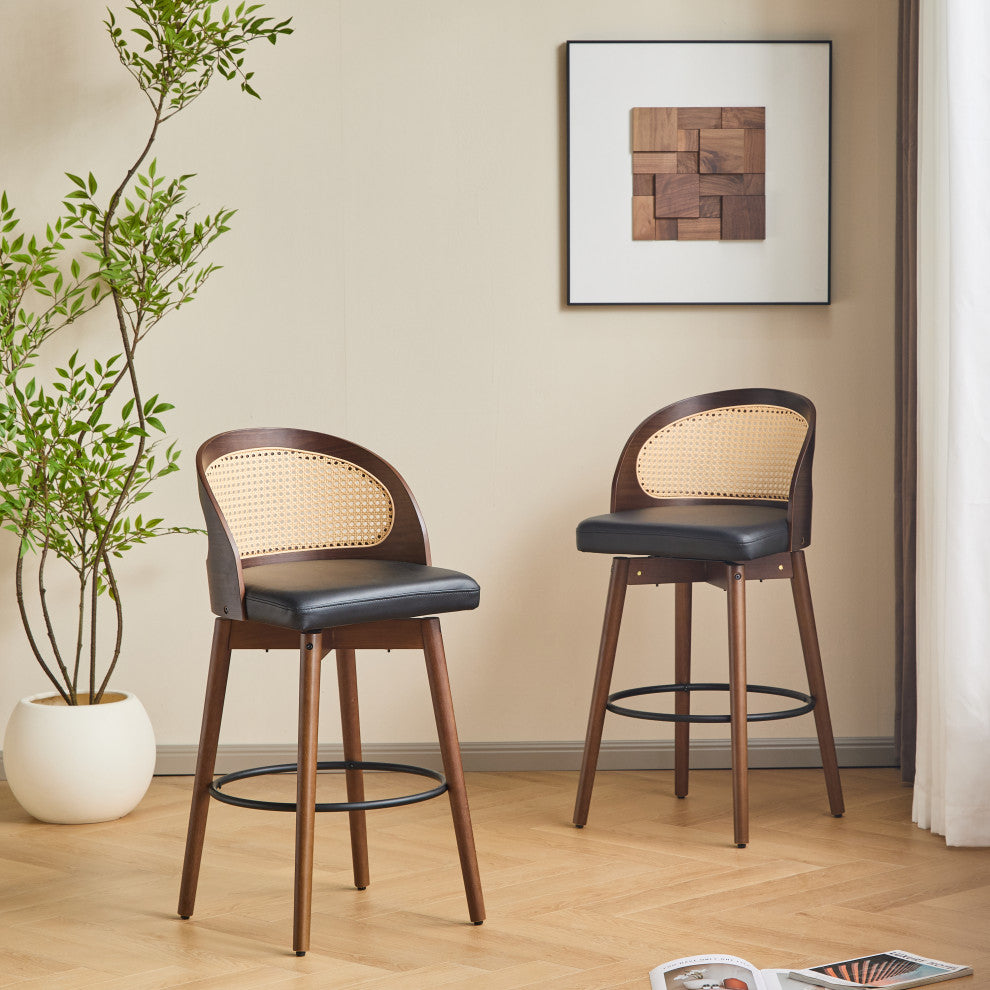Crystal Rattan Backrest Cushioned Barstools, Set of 2, Dark Walnut/Black