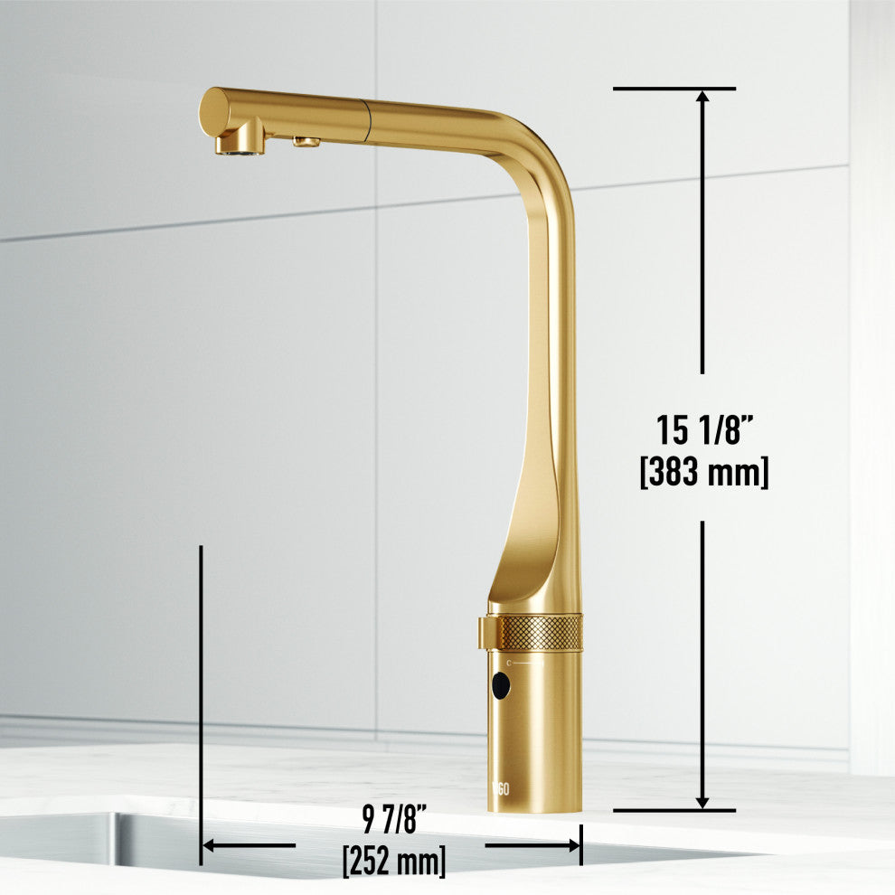 VIGO Jewel 15" H Touchless Pull-Out Sprayer Kitchen Faucet, Matte Brushed Gold