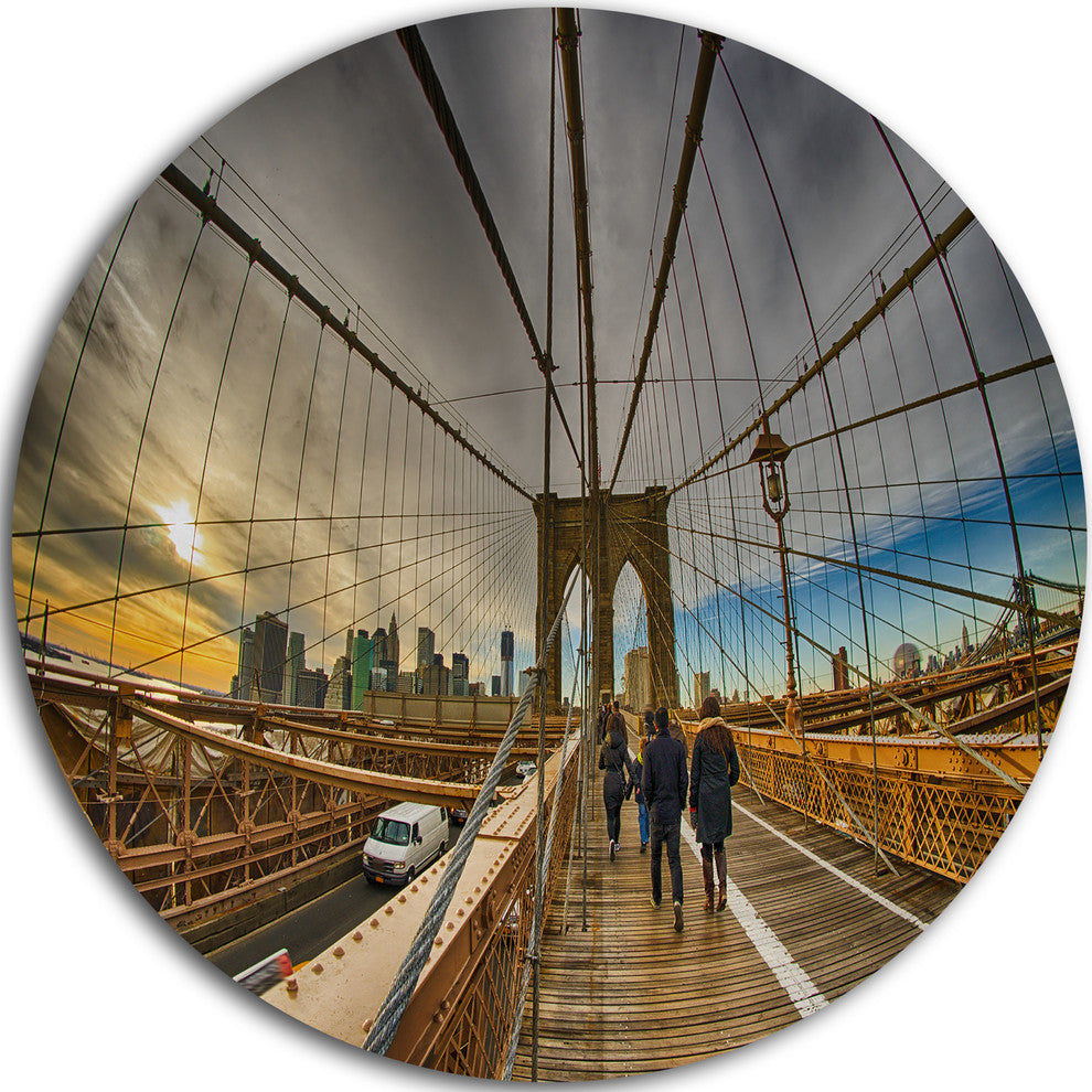 Strolling On Brooklyn Bridge, Landscape Photo Round Metal Wall Art, 23"