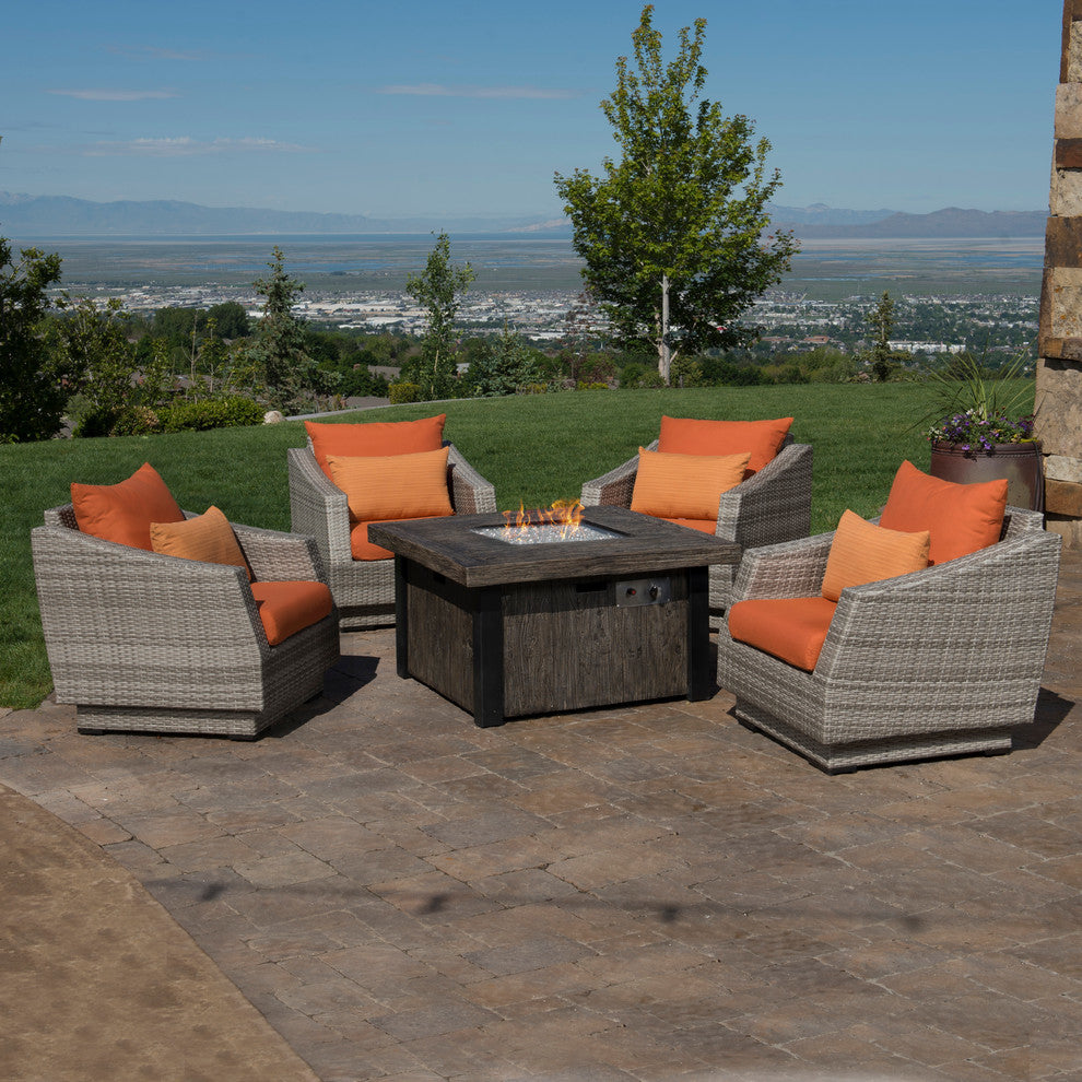 Cannes 5 Piece Sunbrella Outdoor Patio Fire Chat Set, Orange