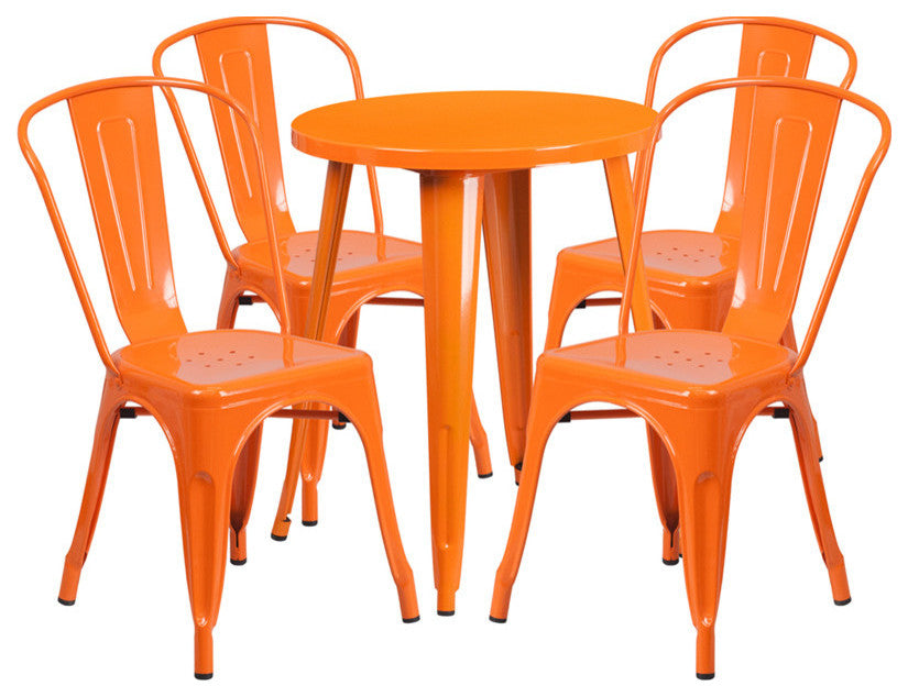 24'' Round Orange Metal Indoor-Outdoor Table Set With 4 Cafe Chairs