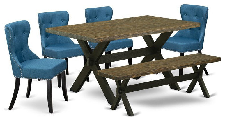 6-Piece Set With 4 Chairs, Wooden Cross Legs, Table and Bench