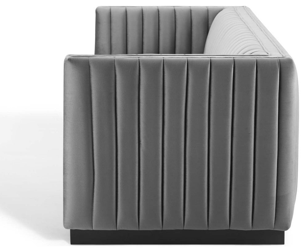 Tufted Sofa, Velvet, Gray, Modern, Living Lounge Hotel Lobby Hospitality