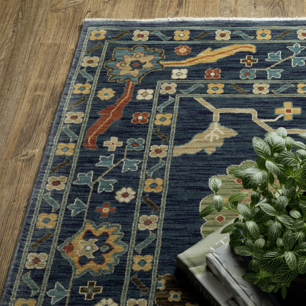 Fabienne Floral Border Indoor Blue/Gold Area Rug, Blue, 7'10"x10'10"