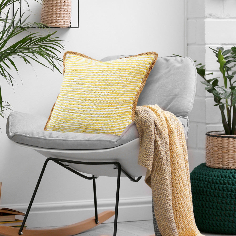Golden Yellow and White Striped Jute Bordered Throw Pillow