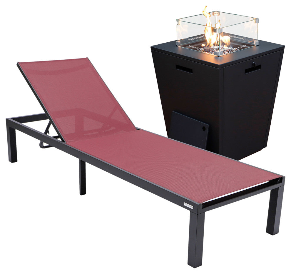 LeisureMod Marlin Black Patio Chaise Lounge Chair with Fire Pit Table, Burgundy