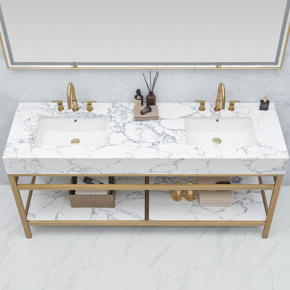 Ecija Bath Vanity, Metal Support with Stone Top, Brushed Gold, 72 in., With Mirror
