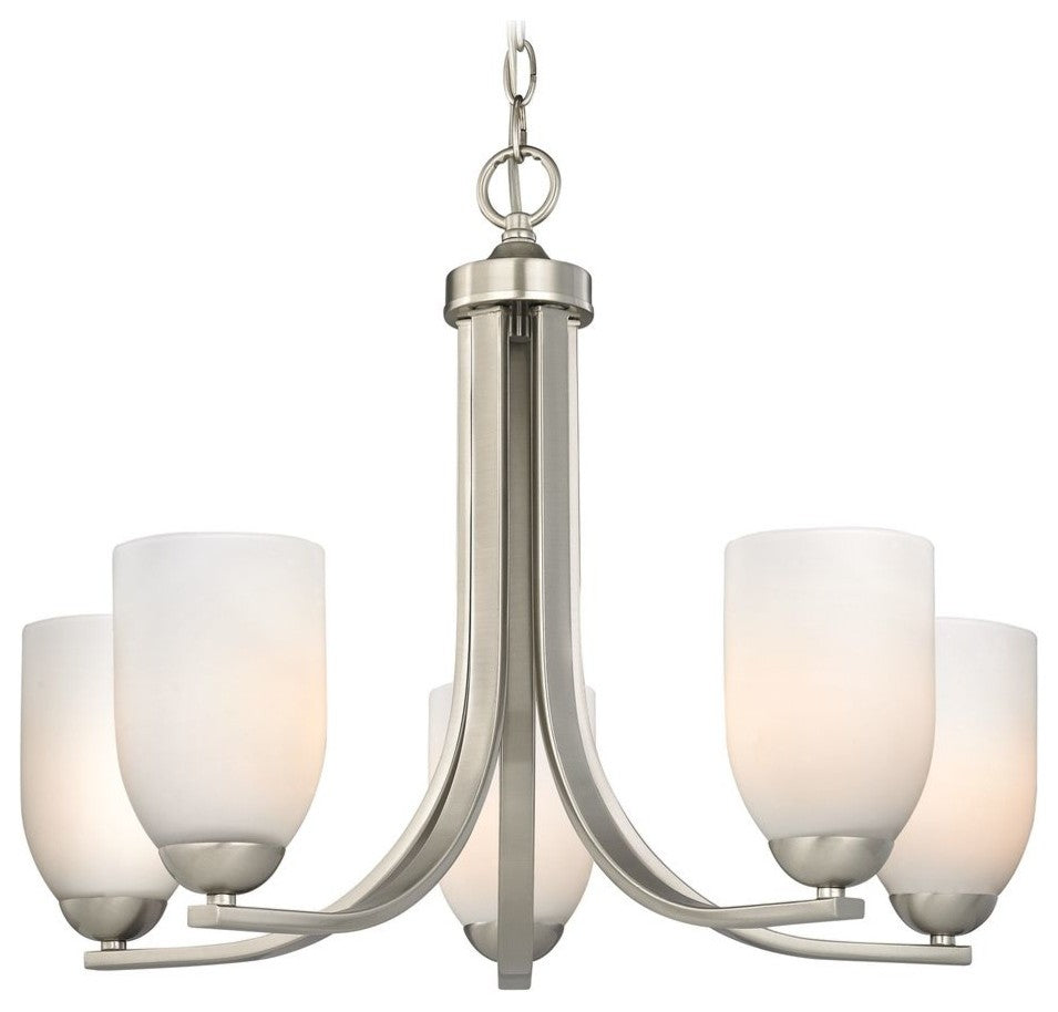 Satin Nickel Chandelier with White Dome Glass Shades and Five Lights