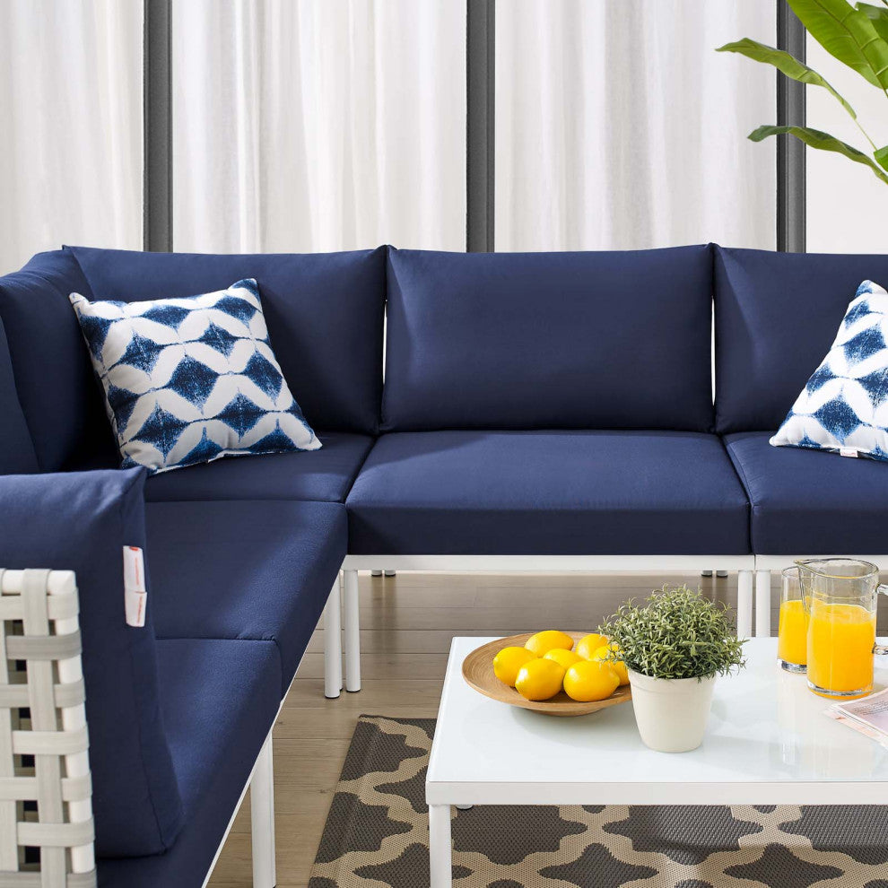 Lounge Sectional Sofa Chair Table Set, Sunbrella, Aluminum, Blue Navy, Outdoor