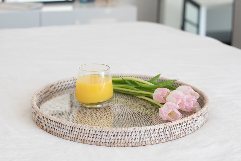 Artifacts Rattan™ Round Serving-Ottoman Tray with Glass Insert, White Wash, 16" Diameter